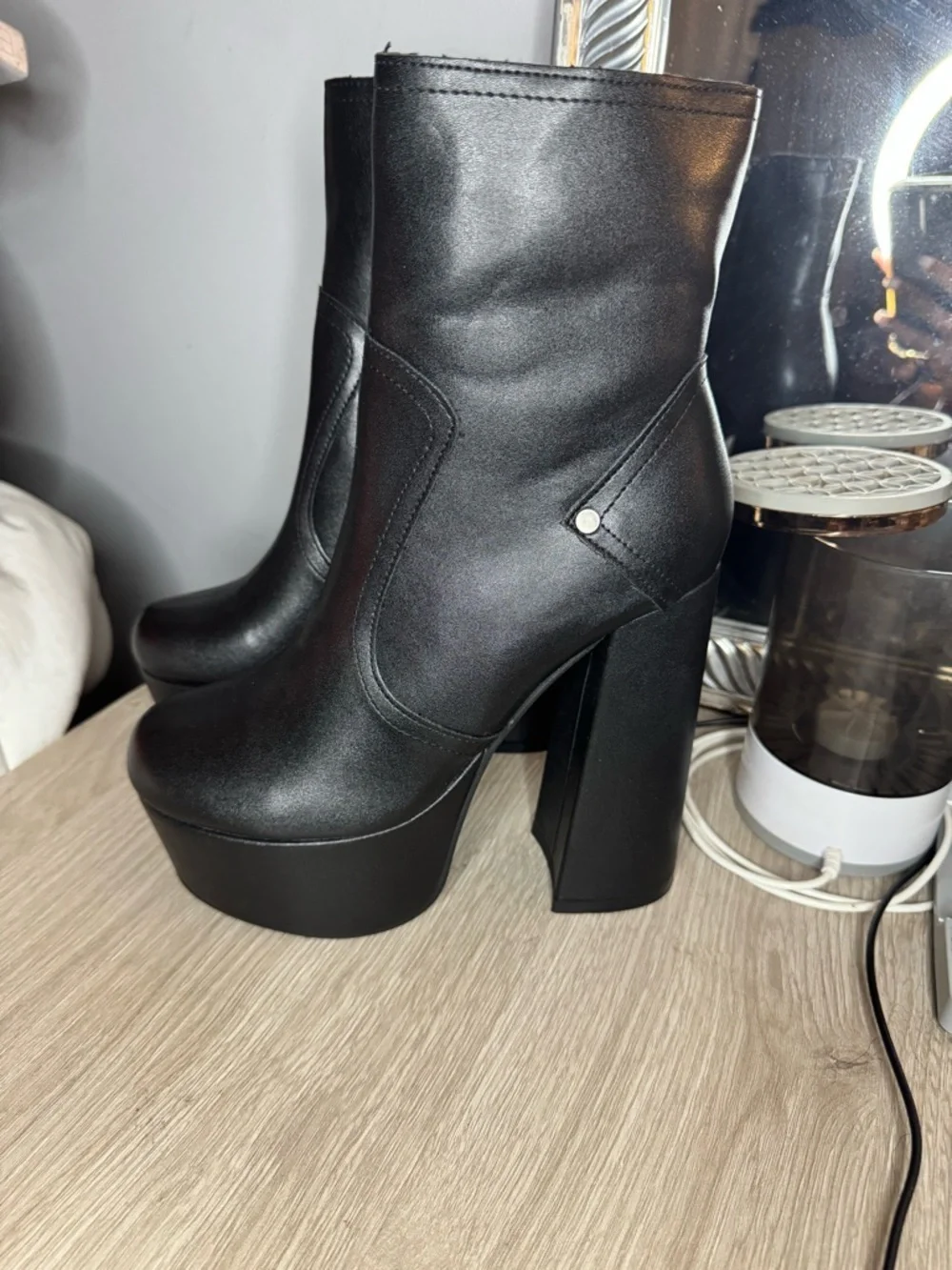 SHEIN Black Faux Leather Platform Block Heel Ankle Boots